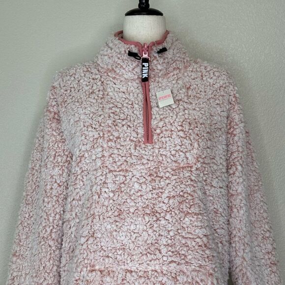 NWT Pink Victoria’s Secret Teddy Bear Quarter Zip Pull Over Sweatshirt - Picture 2 of 13